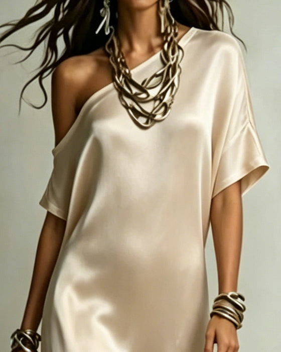 Kleid Satin Ein Schulter Schlitz Maxi