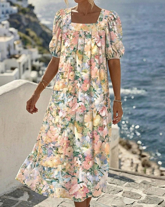 Kleid Bedruckt Quadratischer Ausschnitt Puffärmel
