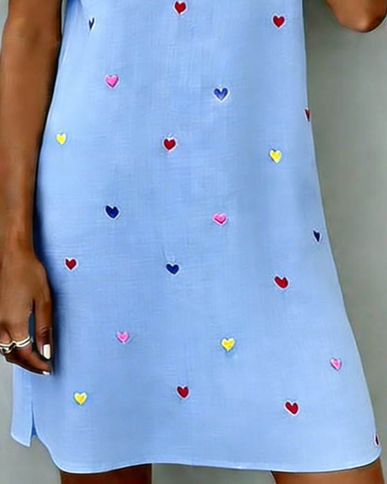 Buntes Herz-Print-Kleid Mit V-Ausschnitt