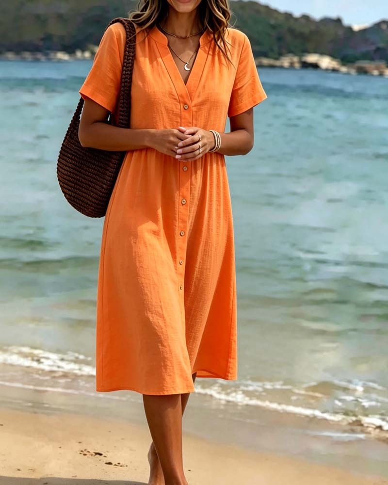 Kleid V-Ausschnitt Knopfleiste Resort Stil