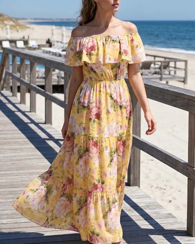 Kleid Off-the-Shoulder Blumenmuster taillierend