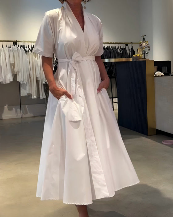 Kleid V-Ausschnitt Binden Taille Weiter Rock