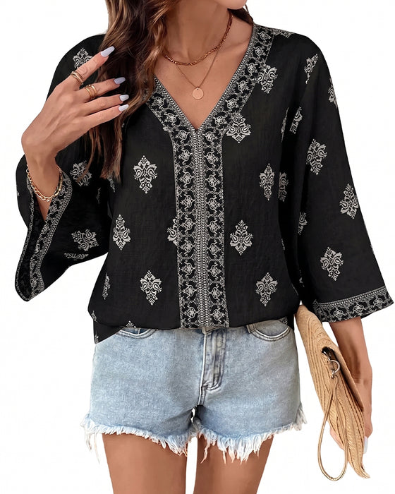 Bluse V-Ausschnitt Ethnisch Locker