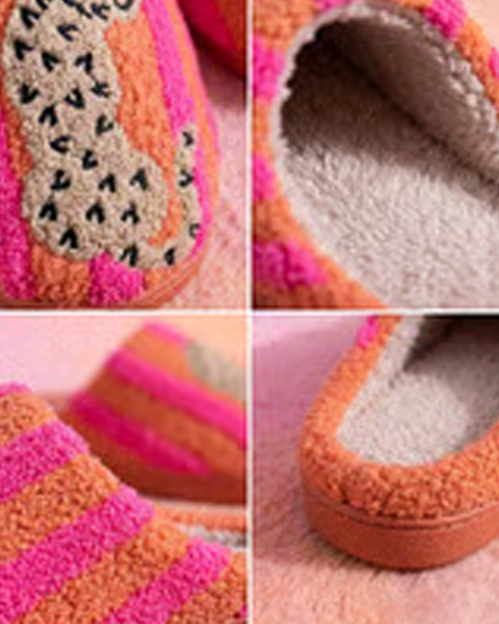 Dames Retro Gestreept & Luipaard Pluizige Pantoffels