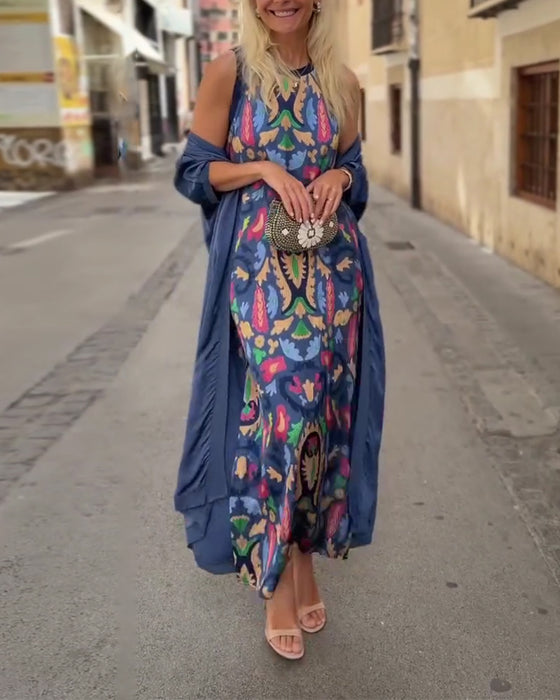 Set Ärmelloses Langes Kleid Mit Langer Strickjacke