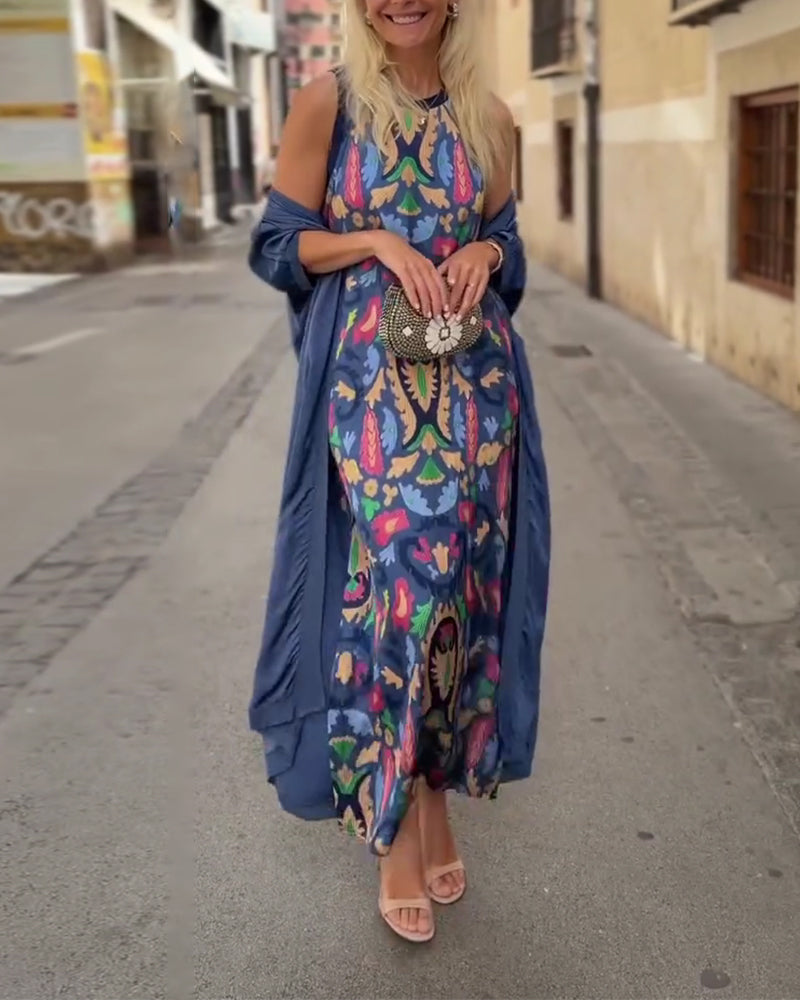 Set Ärmelloses Langes Kleid Mit Langer Strickjacke
