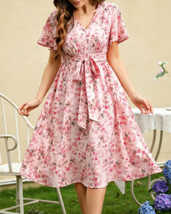 Kleid V-Ausschnitt Blumen A-Linie