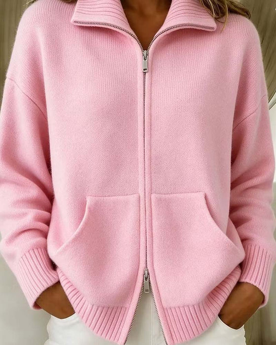 Strickjacke Revers Reißverschluss Einfarbig