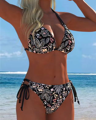 Bikini Blumenmuster Neckholder Binden Zweiteiliger Bikini