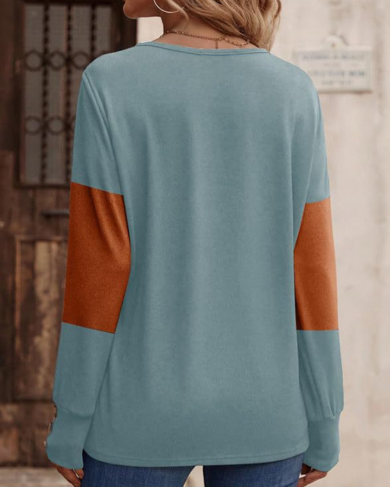 T-Shirt Damen Colorblock Druck Knopf Deko Fallende Schulter
