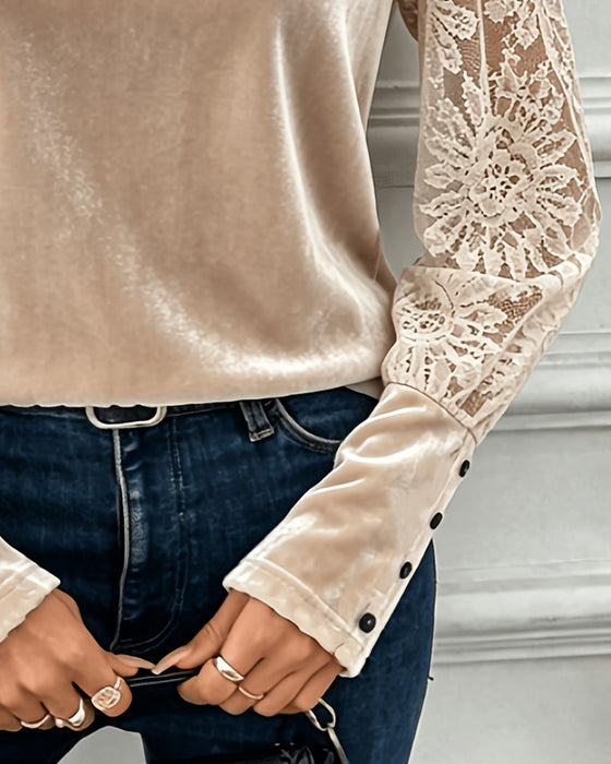 Bluse Rundhals Spitze Knopf Einfarbig