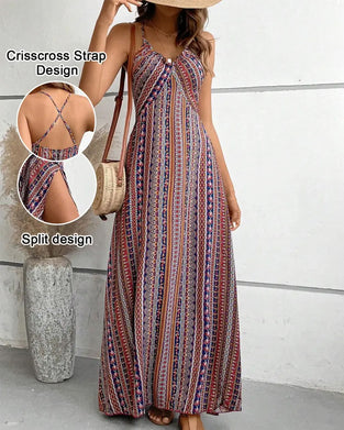 Kleid Spaghettiträger Print Strand Schlitz