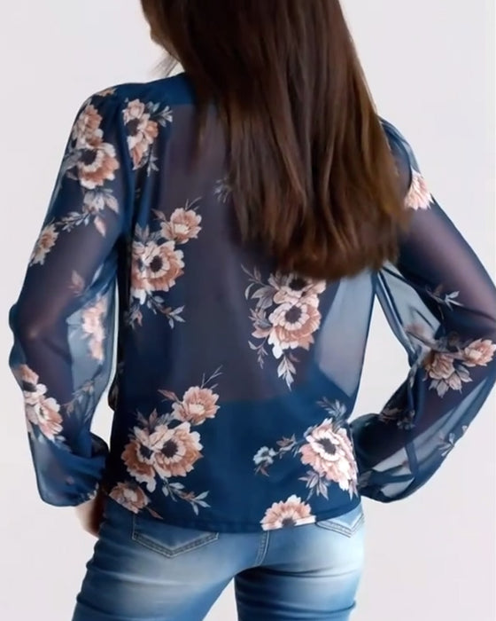 Modische Bluse mit Print, V-Ausschnitt und langen Ärmeln