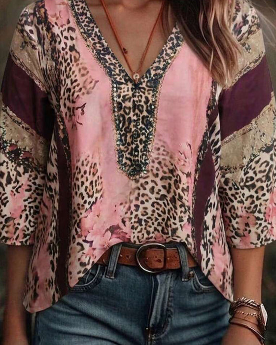 Bluse V-Ausschnitt Leopard Farbblock