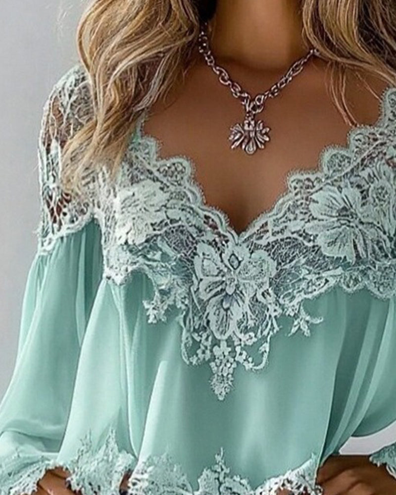 Bluse V-Ausschnitt Patchwork locker langärmlig