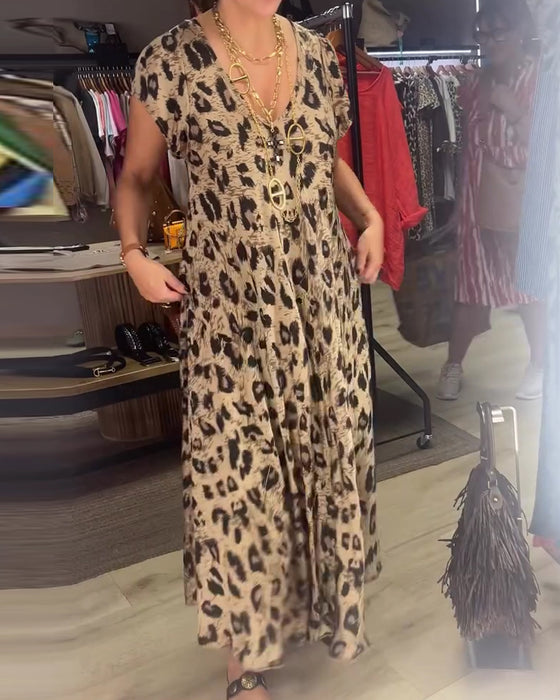 Kleid V-Ausschnitt Leopard Weiter Rock