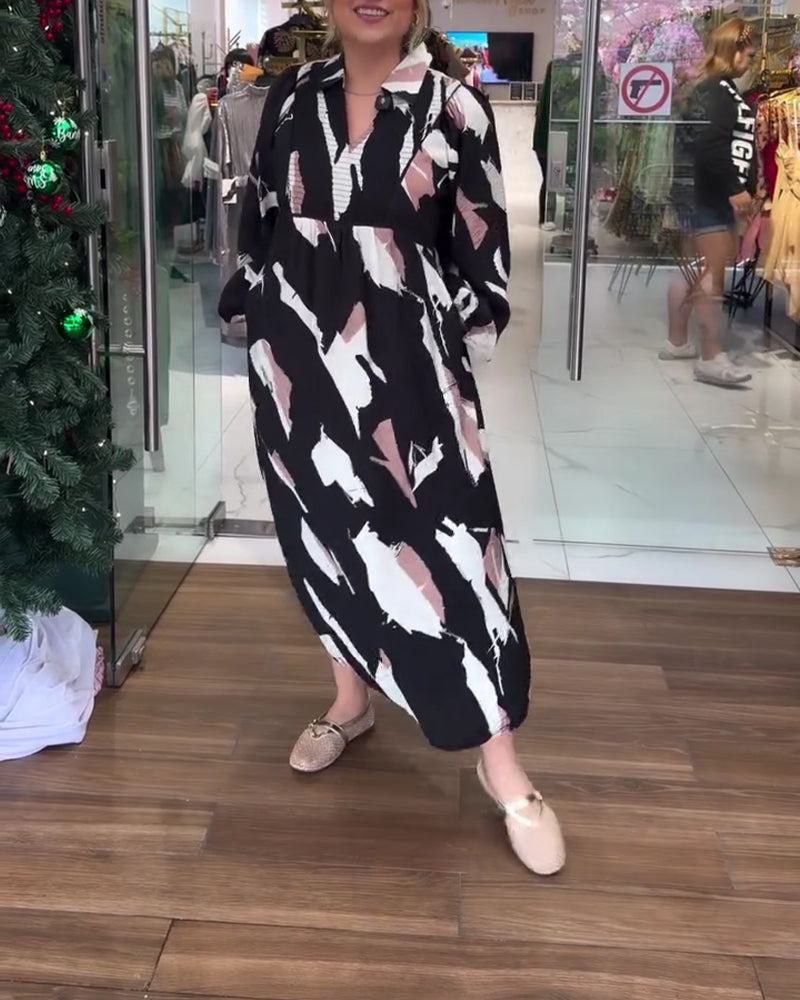 Kleid V-Ausschnitt bedruckt langärmlig