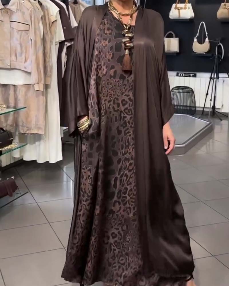 Sets Leopard Spaghettiträger Langes Kleid Und Cardigan
