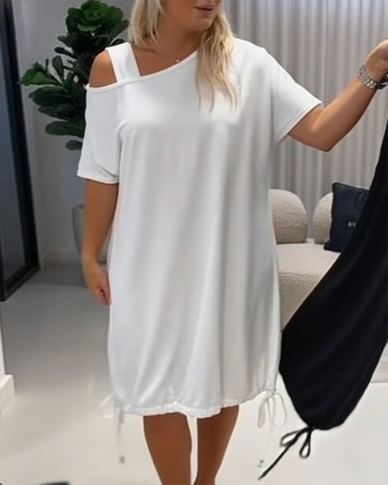 Kleid Unifarben Off-Shoulder Kordelzug Lässig