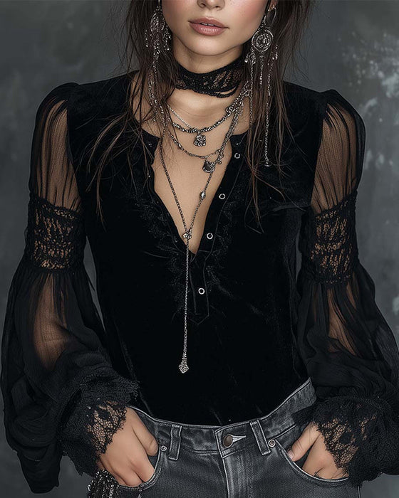 Bluse Knöpfloser V-Ausschnitt Puffärmel