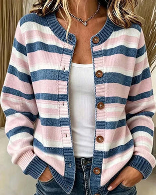 Cardigan Gestreift Rundhals Einreihig