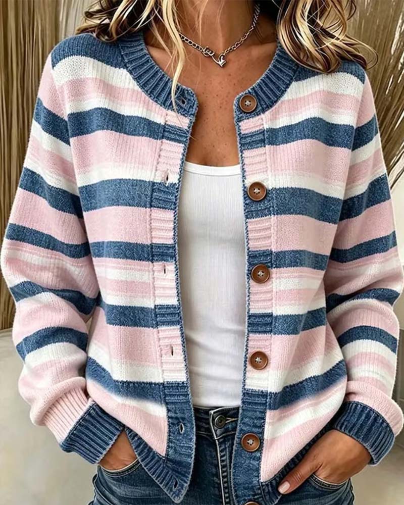 Cardigan Gestreift Rundhals Einreihig