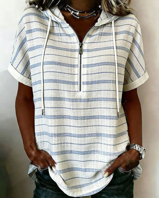 Top Gestreift Kapuze Reißverschluss Kurzarm