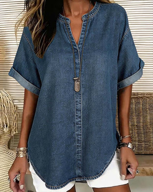 Blusen V-Ausschnitt Denim Kurzarm
