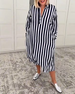 Kleid Revers Gestreift Tasche