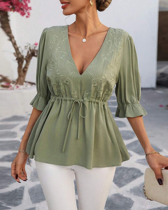 Bluse V-Ausschnitt Taille Einfarbig Elegant