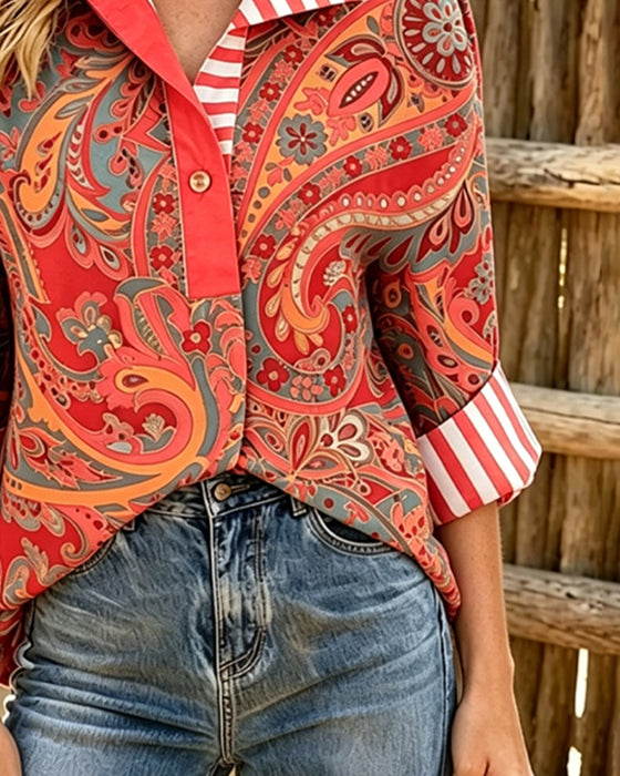 Bluse Patchwork Blumig Druck Lässig