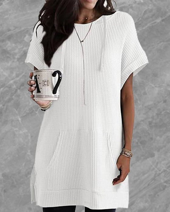 T-Shirt mit Kapuze Schlitz-Tasche Rundhalsausschnitt