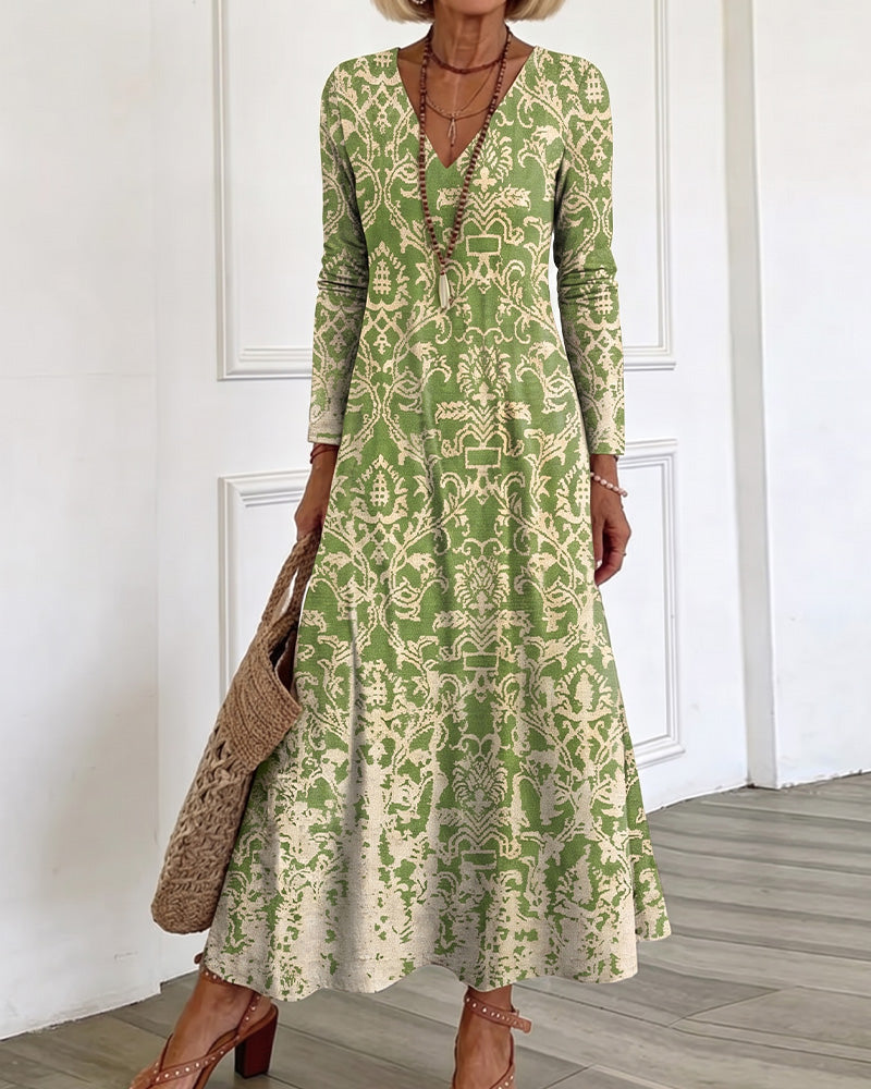 Kleid V-Ausschnitt A-Linie Langarm Maxi