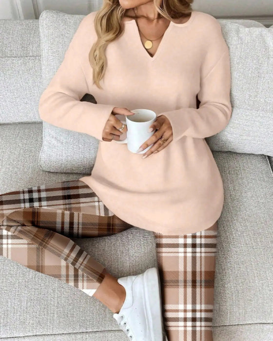 Set V-Ausschnitt Einfarbig Oberteil + Karo Hose Loungewear