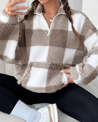 Sweatshirt Halb-Zip Stehkragen Karomuster