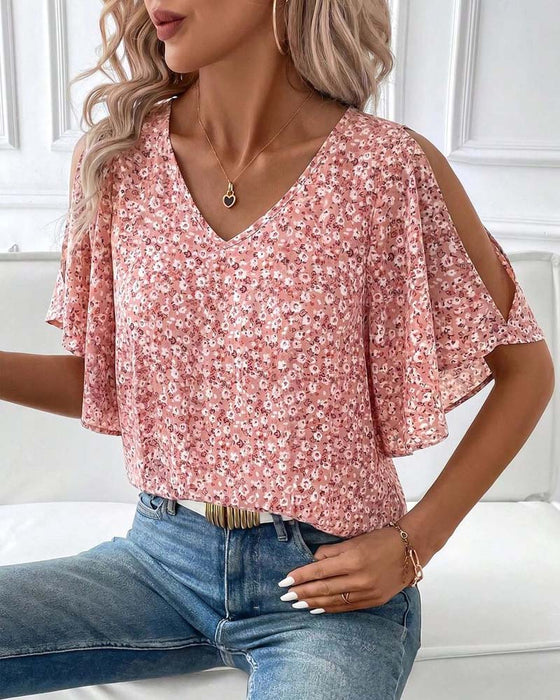 Bluse V-Ausschnitt Blumig Off-Shoulder Flügelärmel