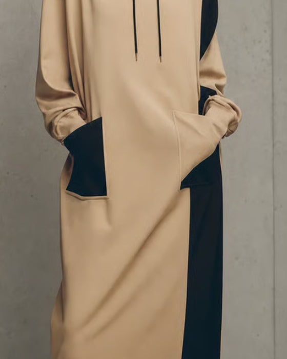 Kleid Kontrast Kapuze Tasche Kordelzug