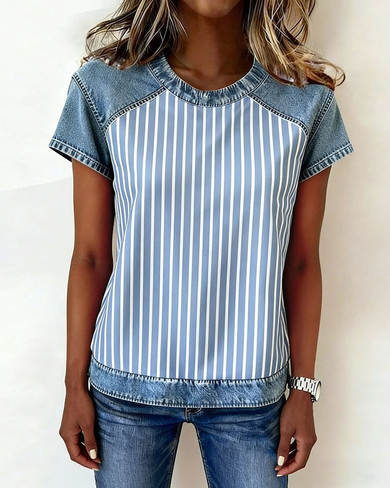 T-Shirt Denim Patchwork Gestreift Kurzarm