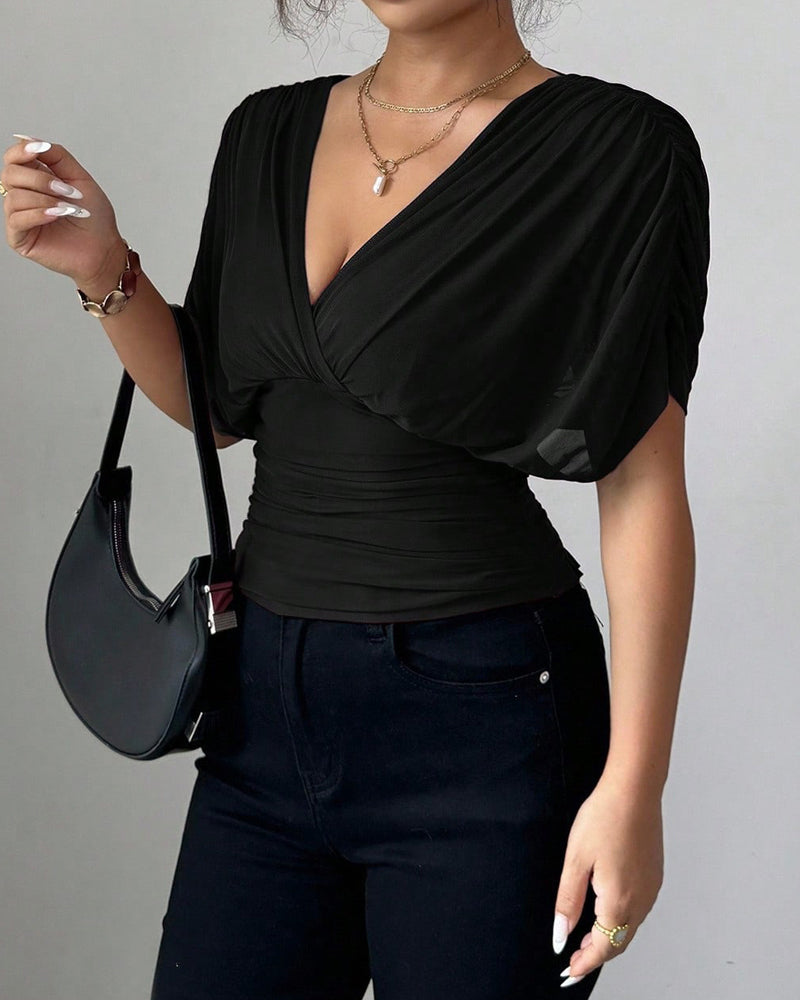 Bluse Uni Farbe Tiefer V-Ausschnitt Taille Kurzarm
