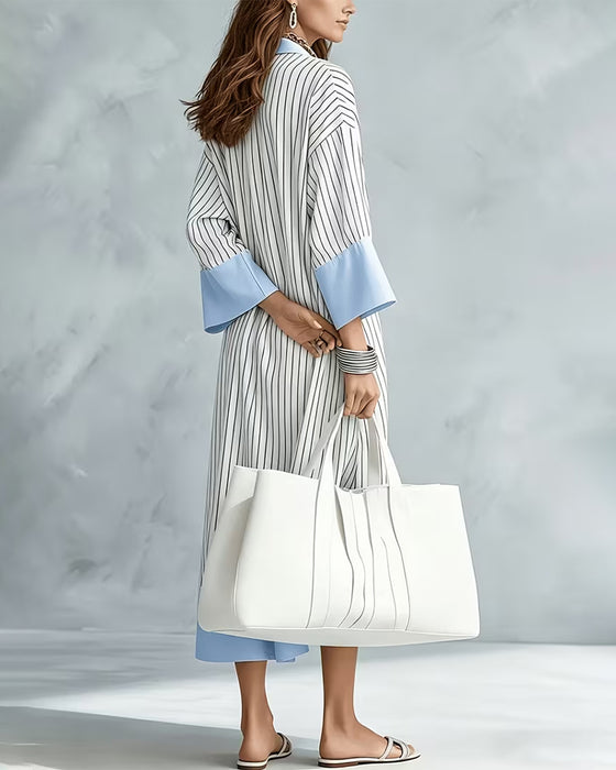 Kleid Farbblock Gestreift Hemd Lang