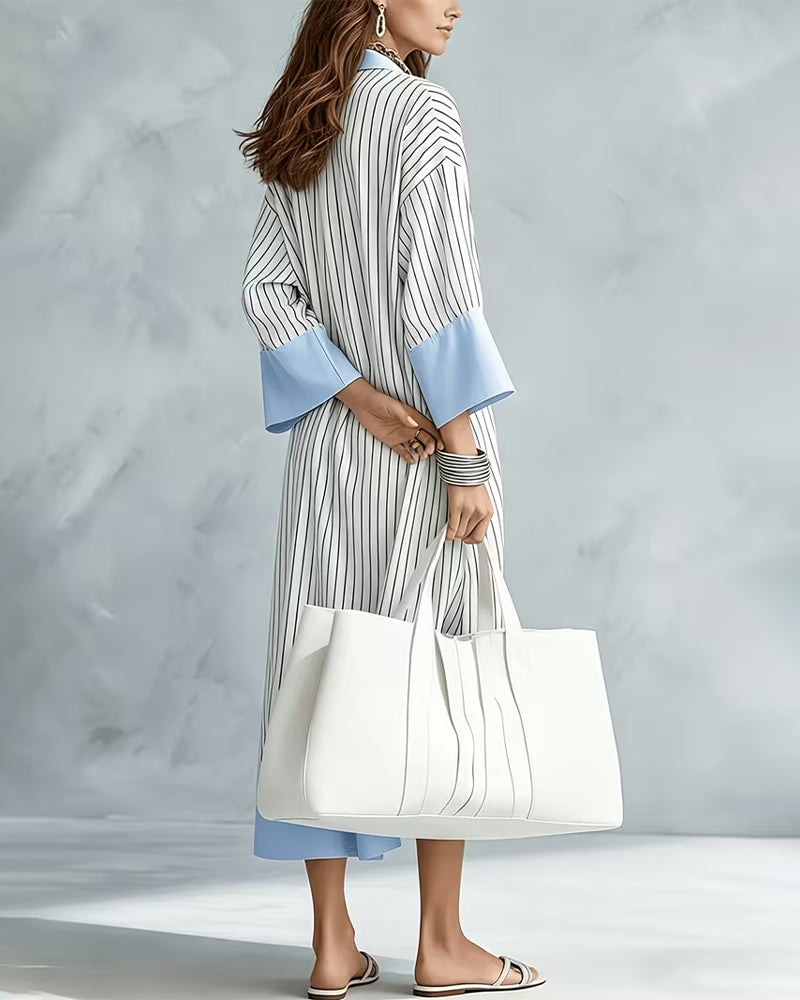 Kleid Farbblock Gestreift Hemd Lang