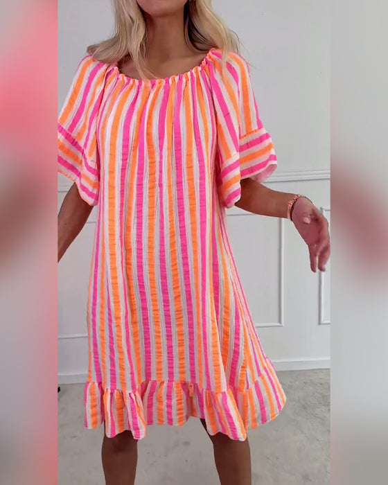 Kleid Rundhals gestreift plissiertes Shiftkleid