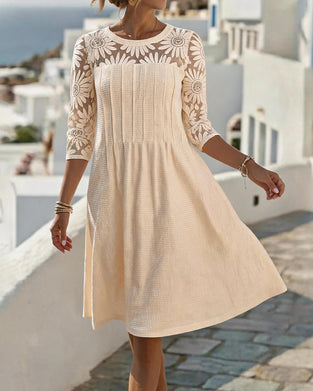 Kleid Rundhals Spitze Patchwork Waffel