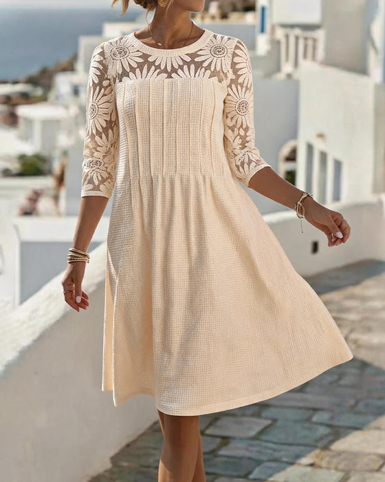 Kleid Rundhals Spitze Patchwork Waffel