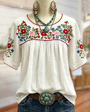 Bluse Rundhals Bestickt Bohemian