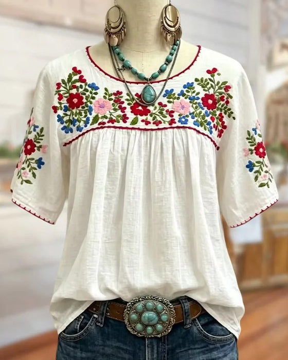 Bluse Rundhals Bestickt Bohemian