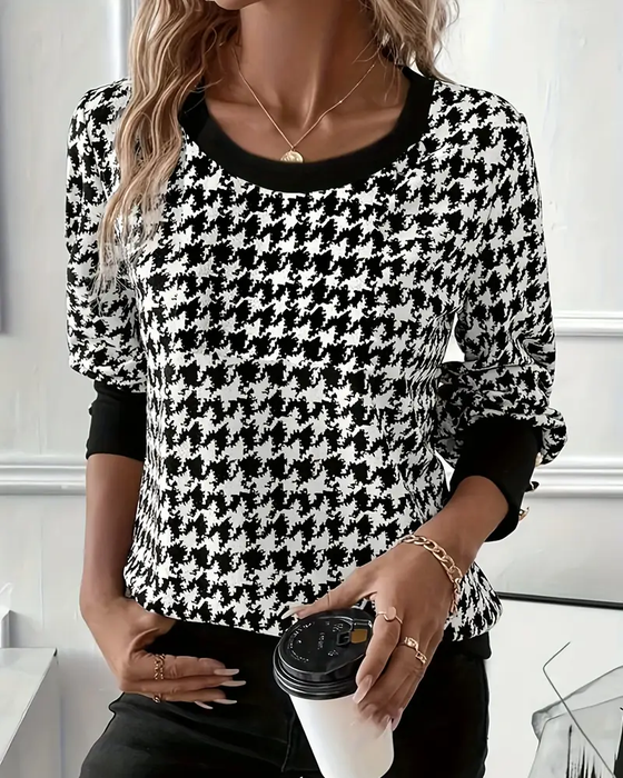 T-Shirt Mit Klassischem Stil, Houndstooth-Muster, Farbblock-Panels