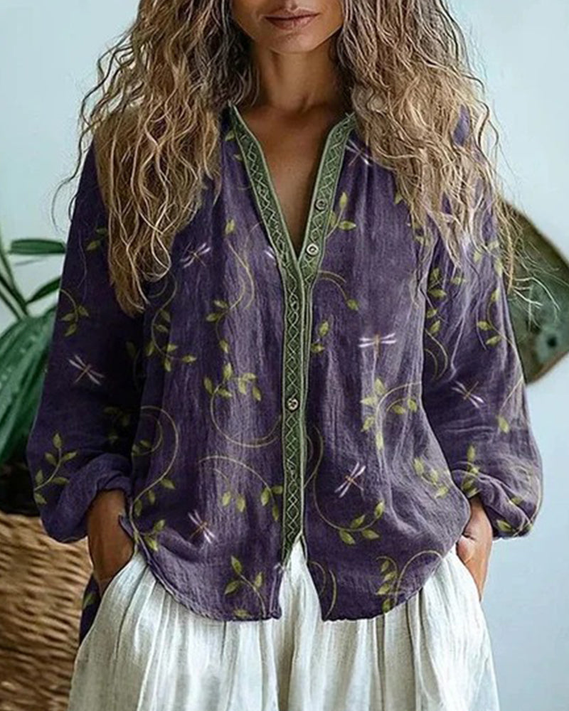 Bluse Libelle Stickerei V-Ausschnitt