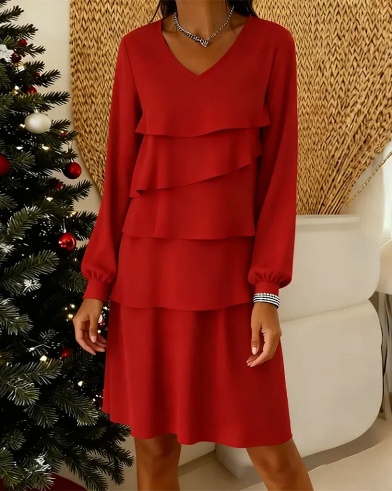 Kleid V-Ausschnitt Langarm Stufen Schicht