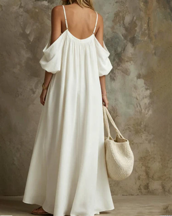 Kleid Träger Off-Shoulder Weiter Rock Uni Tasche